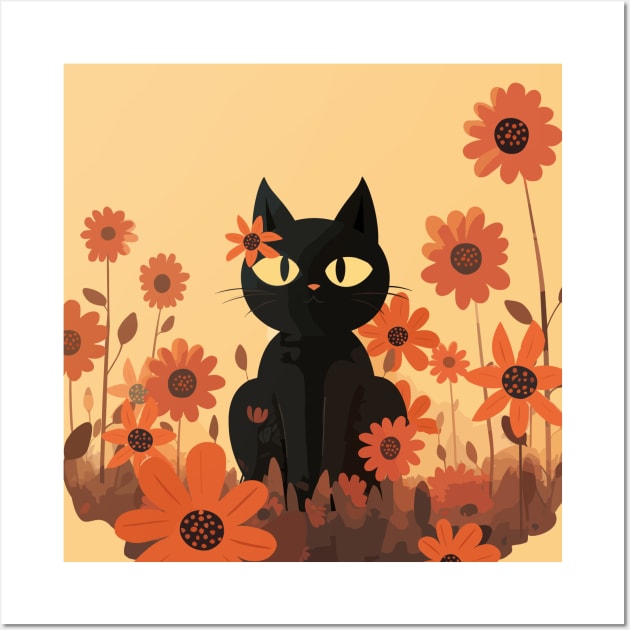 Vector Drawing of Cat and Flowers Wall Art by Meow & Shirts